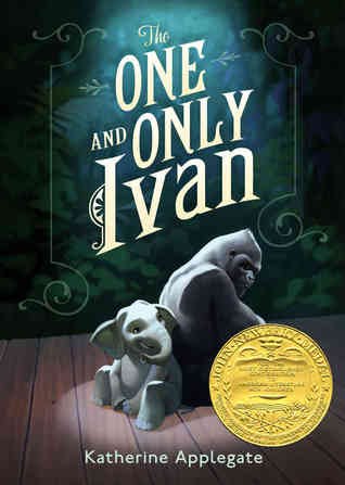 The one and only Ivan in large white letters on top with dark blue background. underneath on wooden floor gorilla and small elephant sitting with their backs to each other. white spotlight over them shining through title words. gold seal of Newbery Award on bottom right corner with Katherine Applegate below.