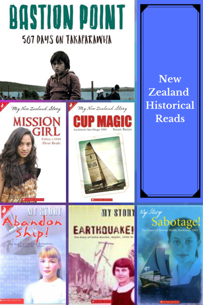 7-grid images. top left image white background green letters Bastion Point boy in brown sweater. middle left white background red letters Mission Girl, young Maori girl with black hair in traditional dress. next middle white background red letters Cup Magic, picture of sailing ship. bottom left light blue background with sinking ship red letters over image reads Abandon ship! girl in white dress in right corner. bottom middle light brown background dark letters earthquake!. image of young girl in right corner behind her image of destroyed buildings. bottom right image blue background yellow letters Sabotage! young girl's face behind letters in light blue. boat in front of her.