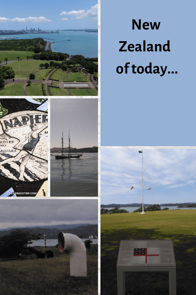6-grid block of images and text. top image of aerial view of Auckland with Bastion Point in foreground. middle left image of floor tile image of girl pointing to word Napier above her. next middle image of sailing boat on grey sea. bottom left image of white funnel on grass and bay behind. right bottom image of flagpole and information board in foreground. light clouds in sky. top right blue box with black letters saying New Zealand of today...