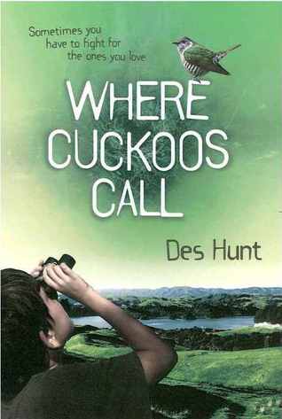 Boy with binoculars in left bottom edge looking up at cuckoo perched on letters. valley and trees beneath boy. green backgound for sky. white letters Where Cuckoos Call, Des Hunt in black letters underneath title.