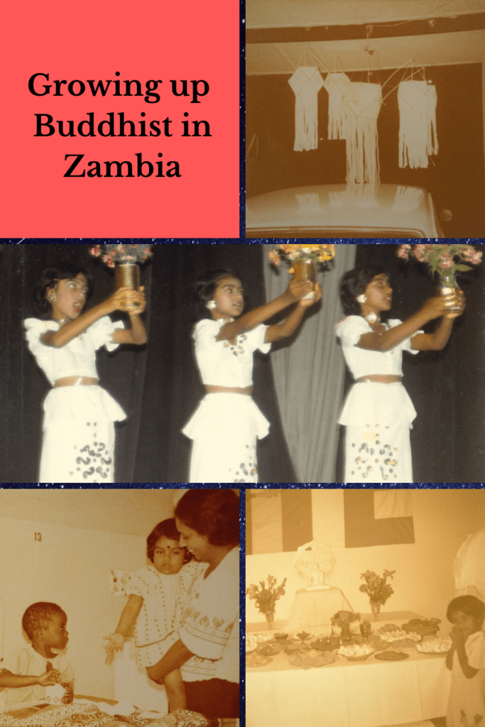 five-grid box with four images. top left red box with black letters Growing up Buddhist in Zambia. top right yellowish lanters over car roof. middle image of three girls holding vases in white traditional dress. bottom left woman carrying small child pointing to small child in bed. bottom right small girl in front of table of flowers holding hands together.