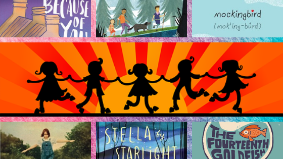 banner shaoed image. middle large image of five children in silhouette holding hands with orange sun behind them. top three images parts of book covers. top left part of roof and Because of You in white. top middle kids walking with dog in woods. top right blue sky and mockingbird in black. bottom left part of image of girl with arms outstretched. bottom middle white writing Stella by Starlight dark blue starry sky. bottom right bowl with orange goldfish and The Fourteenth Goldfish cramped under it.