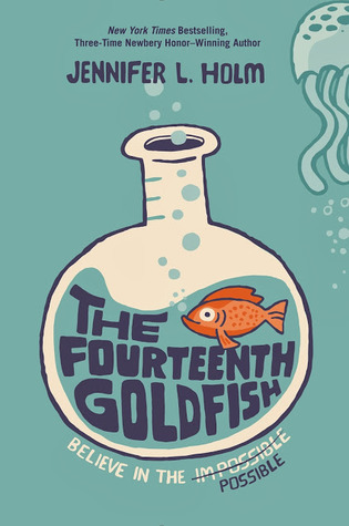 blue cover with large white beaker with vertical spout. inside orange goldfish blowing blue bubbles with writing cramped under it, The Fourteenth Goldfish. right top corner image of half of jellyfish like animal.