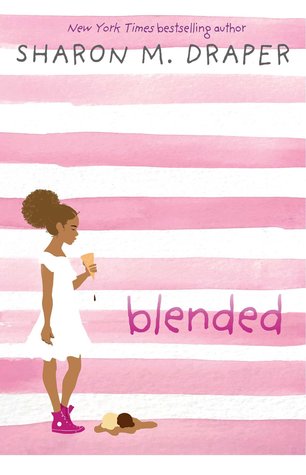 Image of young African American girl in white dress and pink sneakers holding ice cream cone in bottom left edge. behind her shades of pink and white alternate. at her feet lie two scoops of white and brown ice cream melting. blended next to her in dark pink lower case letters. Sharon M. Draper in blue letters across top.