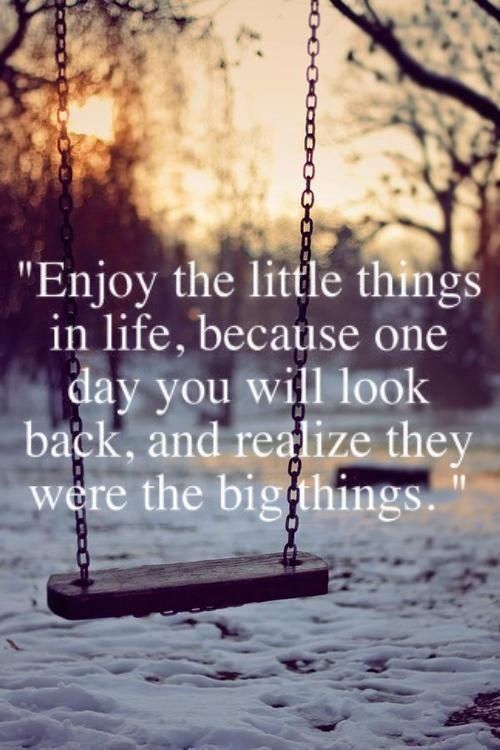 image of wintry day with trees in back and snow on ground with swing in middle. quote in white letters in middle above swing. 'Enjoy the little things in life, because one day you will look back, and realize they were the big things.'