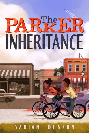 cover is image of street with shop fronts and blue sky above with clouds. Title letters in different colours and styles. 'The' in smaller size above K in Parker in blue. Parker in red letters. Inheritance in black/blue letters. boy and girl on bicycles on sidewalk. cars on road behind them. buildings on right side of image is in colour but from middle to left buildings and cars in black and white with distinct 1950's feel to it. Varian Johnson in white letters on bottom edge over green grass.