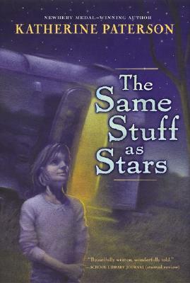 blue background to book cover. looks like night sky with stars. young girl standing under moonlight looking up to tree in right side. caravan with door open behind her. The Same Stuff as Stars in white letters.
