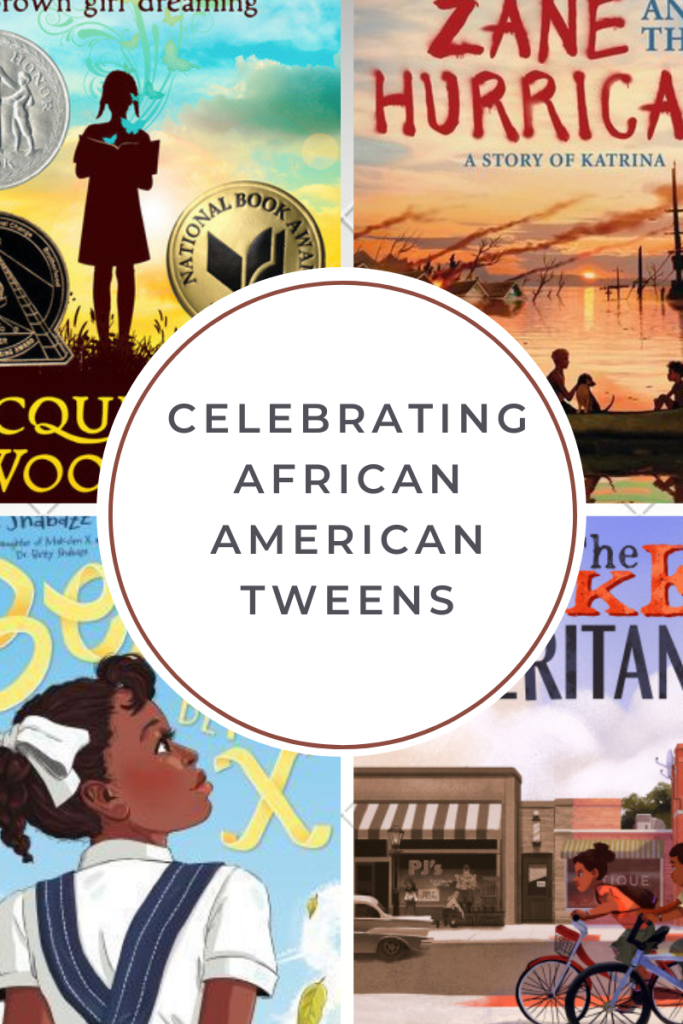 Four-grid image with large circle in middle. top left image of girl in silhouette with blue yellow sky behind her. top right image of pink orange sky and water image of boat and people at bottom edge of image. red letters at top Zane Hurrica visible. bottom left image of young girl in profile. Be and X in yellow showing on blue background. bottom right image of girl on bicycle along road with half of image in black and white of shop fronts. red and blue letters he/ke/ritan visible on blue sky. circle in middle has words in caps 'Celebrating African American Tweens.'