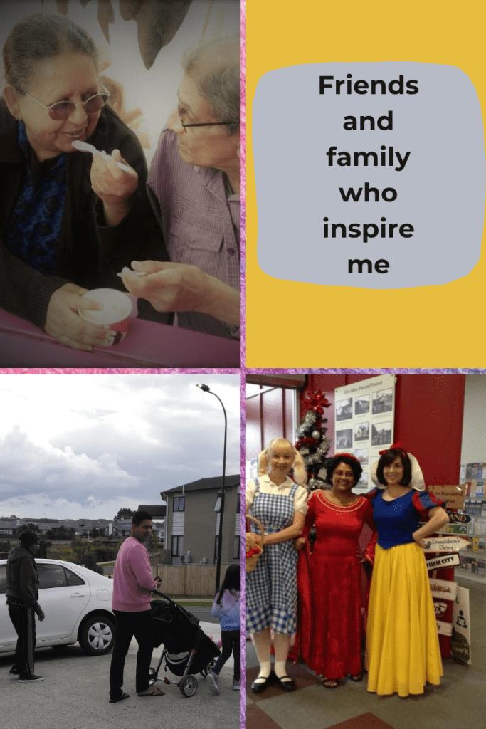 four-grid box. top left image of elderly couple eating ice cream looking at each other. bottom left group of people walking on street. bottom right three women dressed up in bright costumes. top right box yellow with blue shape and letters in black in middle 'Friends and family who inspire me.'