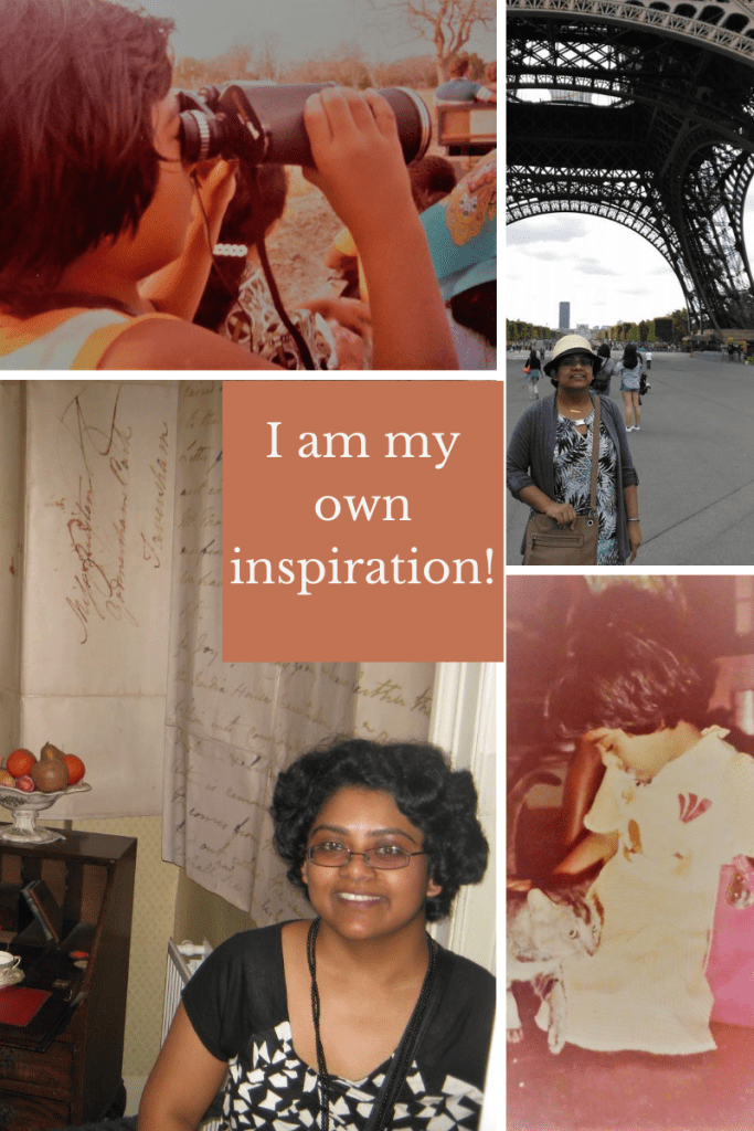 four-grid box. top left image of young girl looking through binoculars. bottom left of woman smiling from inside room. top right woman with hat under Eiffel Tower. bottom right young girl stroking cat. small brown box in middle with white letters inside 'I am my own inspiration!'
