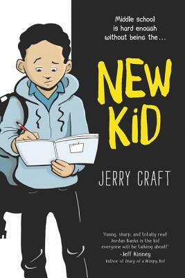 Cover image in two halves. left half is white background with image of dark-skinned boy with black hair in front. boy has blue sweater, backpack on one arm. holding book and writing in it. right side has black background with title 'New Kid' in large yellow letters and 'Jerry Craft' in white letters underneath.