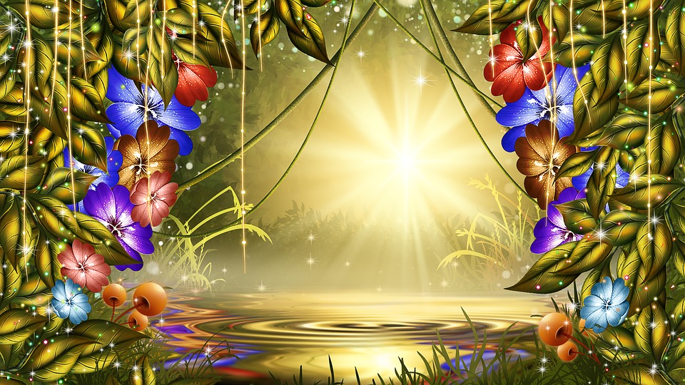 background image of yellow and green foliage of leaves around edges. green vines suspend from middle. bright light of yellow shines out from middle. blue, red, purple and brown flowers around opening in middle. lake with ripples and shadow of trees behind.