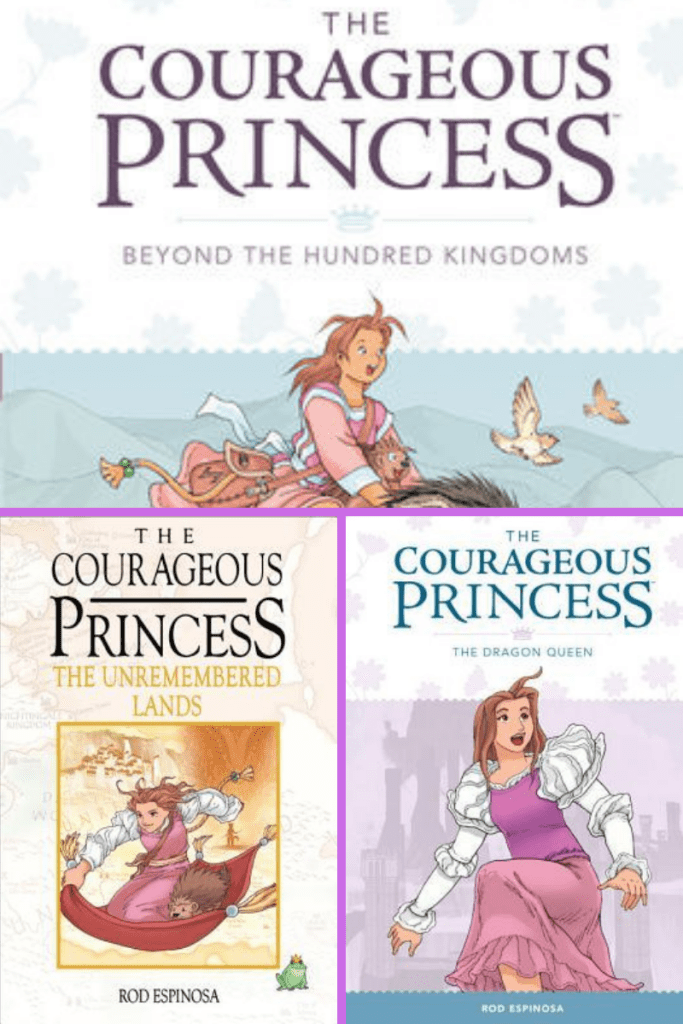 three-grid box. top image of girl on top of some type of creature. birds flying behind her. The Courageous Princess Beyond the Hundred Kingdoms in dark letters at top of white and blue flower background. bottom right image of girl standing up in purple dress with long puffy white sleeves. light purple background with castle in shadow. title 'The Courageous Princess The Demon Queen' with white and light purple flower behind. left image of girl on flying carpet with animal beside her. background of orange shadowy shape. title 'The Courageous Princess The unremembered lands' with pink and white flowers behind.
