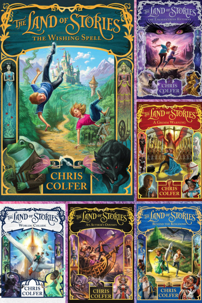 six-grid box with cover images. largest one title The Land of Stories The Wishing Spell in gold letters on green background. image underneath of two kids, boy and girl falling onto raod with castle in back. images of magical creatures around. top right has title in purple and same girl and boy in middle with pink landscape behind them. middle image with title in orange background with girl and boy holding swords. bottom corner title in blue with kids running on yellow road. middle bottom image title in dark green with kids in large ship. left corner image has title on white and blue background with kids on top of back of large goose.