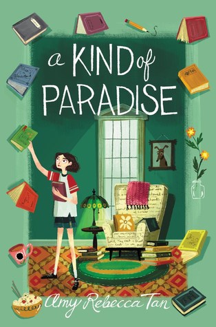 cover image of young girl in middle of room in white top and blue shorts holding book to chest and another book over head. multi-coloured books around image of room in middle. room has large window, lamp on table beside comfy armchair on circular rug and book piles on floor. green wall beside window has picture.