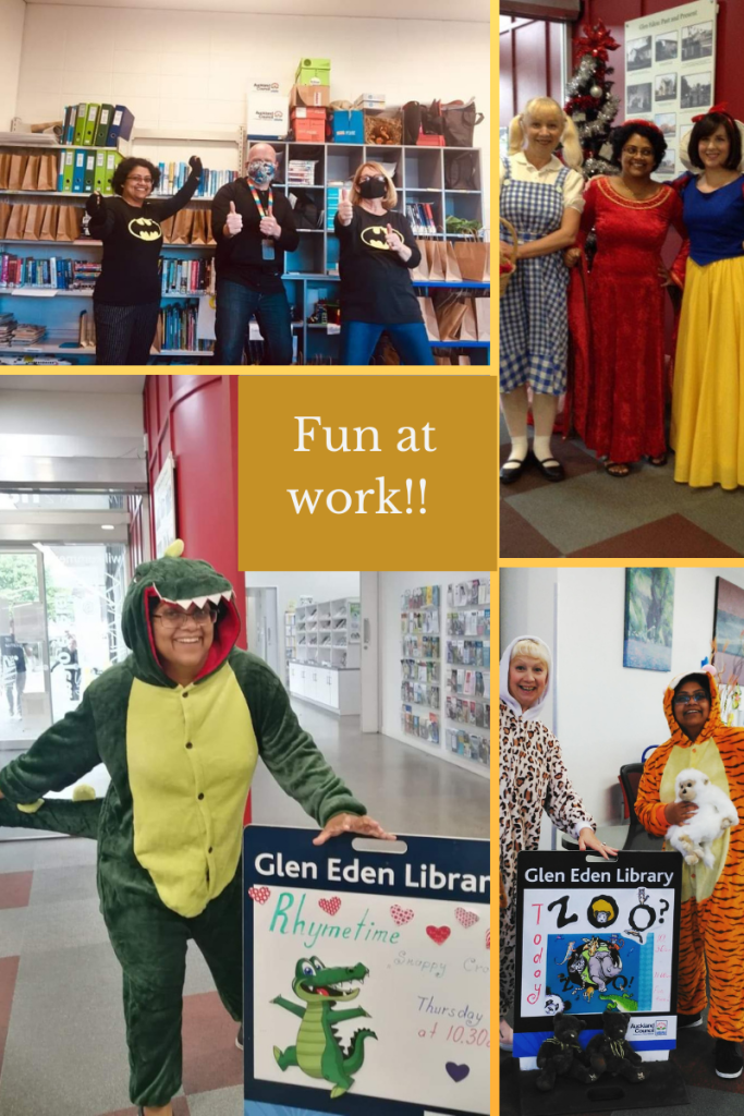 four grid box with photographs of people dressed up. top left three people in black with batman tshirts in pose. top right three ladies dressed up in blue and white dress, red long dress and blue and yellow dress. bottom left person dressed in crocodile costume holding sign. bottom right two people dressed up at leopard and tiger with sign of zoo in middle. caption in middle in white letters reads Fun at work!