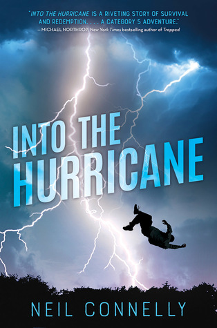 cover image of dark blue sky with dark clouds at top and bright white lightning strike in middle. image of boy thrown into air in middle. white letters across middle read Into the Hurricane.