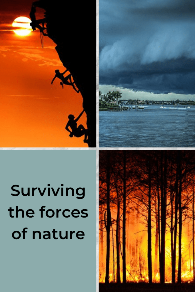 four-grid box. top left image of three climbers going up side of mountain. evening sky orange in background with bright sun in sky. climbers in profile. top right image of large dark cloud bank hovering over seaside. blue sea and dark blue-grey sky and clouds. bottom right tall trees with bright fire burning behind them. bottom left box has text. blue background and black letters read 'Surviving the forces of nature.'