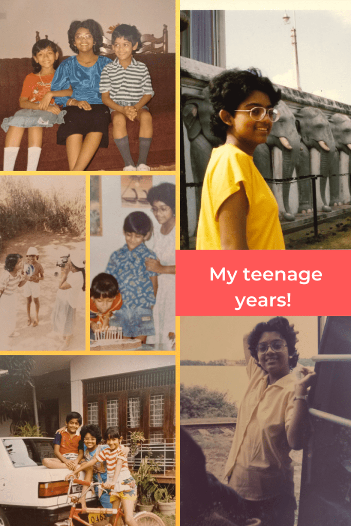 six-grid box with images. top right three kids seated on brown sofa. middle two images of kids outside and at birthday party. left bottom three kids with bike near white car outside house. right top girl in yellow top in front of wall with carved elephants. bottom right same girl in yellow posing next to van door. small orange box between says 'My teenage years!'