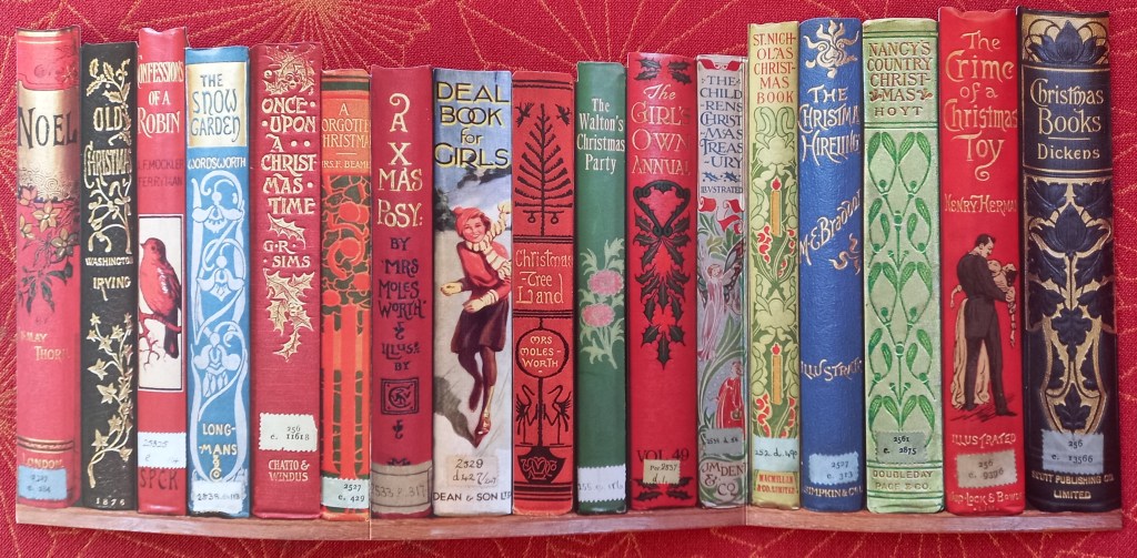 image of book spines together on red background in different sizes