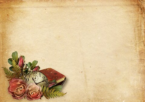 image has large light brown background with dark spots towards edges. bottom left edge has image of vintage clock nestled among roses and old book.