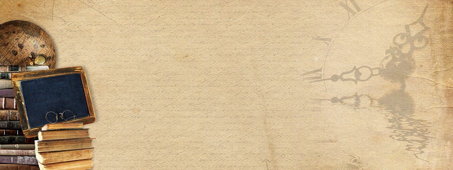 image is banner sized with 75% in light beige colour. right ride has faded image of clock. left side has image of pile of old books, chalkboard and globe behind them.