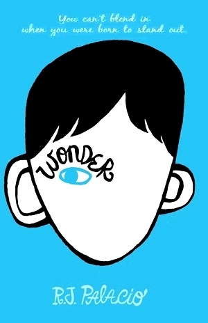 cover image of blue background with image of boy's head and-drawn inside. black hair with large-ish ears, one eye in light blue inside white face with word Wonder in black letters over eye.