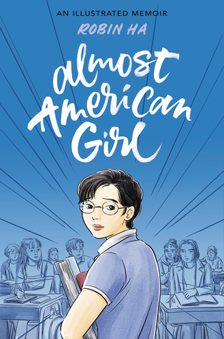 blue background with images of kids at desks at bottom. young girl in glasses and short hair at bottom middle holding books. white letters at top reads almost American Girl. black lines streaking towards point at back.