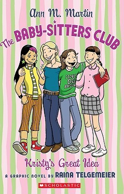cover background has pink and green stripes. in middle stand four young girls with arms around each other all dressed in different clothes with smiles. title across the top reads in purple letters The Baby-Sitters Club.
