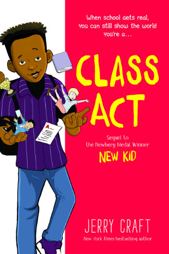 image of young African American boy on left side throwing up books and images of kids. red block on right has yellow letters that read Class Act.