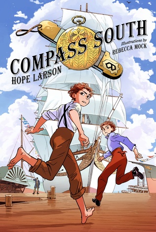 image of two boys running towards large sailing ship with white sails. white clouds behind ship. dark letters across image of compass reads Compass south.