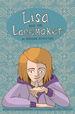 cover image has white lace pattern all around with blue background. in bottom is image of young girl with brown hair and purple jacket holding little mouse on hand. words in white at top read Lisa and the Lacemaker.