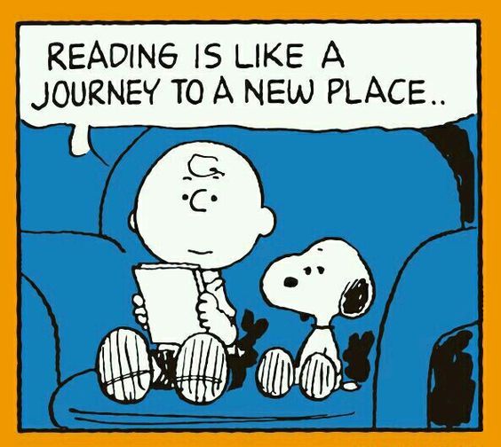 image of Charlie Brown and Snoopy on blue armchair looking at book. speech bubble reads Reading is like a journey to new place..