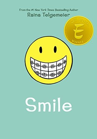 blue background with large yellow smiley face in middle. white teeth in face has braces. title underneath in white letters reads Smile. emblem of Eisner award on top right corner of smiley face.