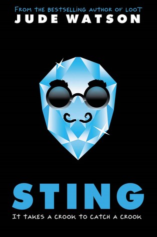 black background with image of sparkly blue gemstone in middle with funny sunglasses on and small mustache. blue letters below read Sting and white letters under that read It takes a crook to catch a crook. white letters at top read Jude Watson.