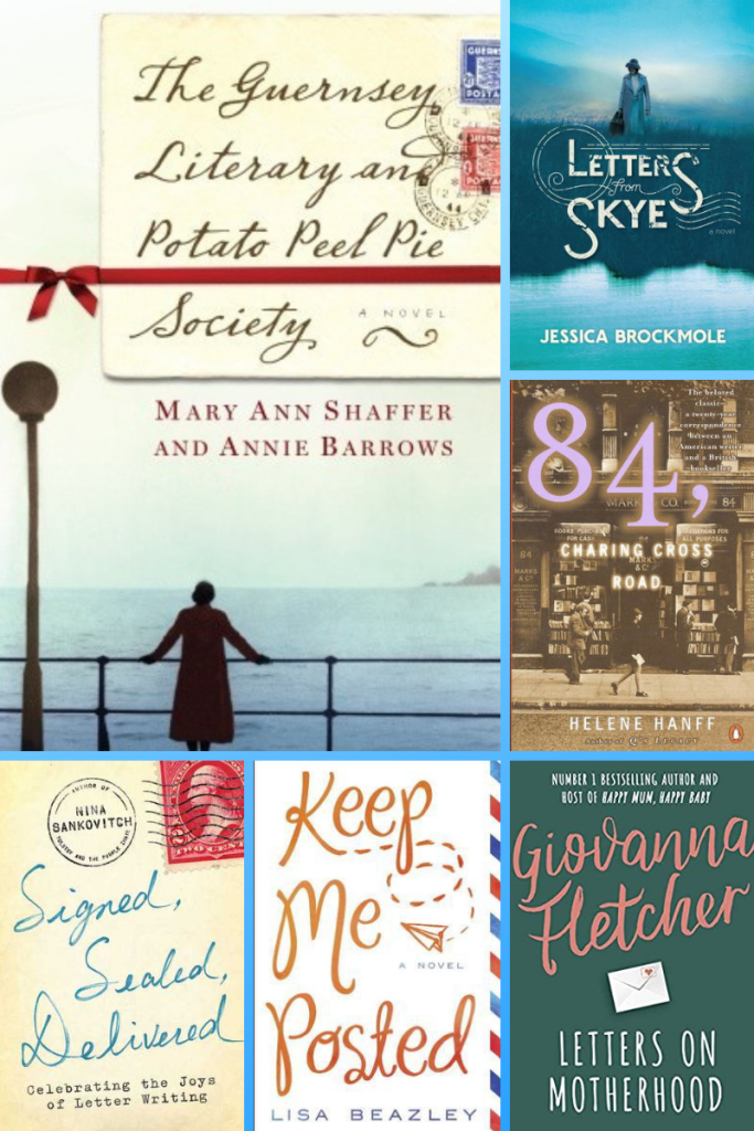 six-grid box. large cover image on left of woman standing at railing looking out to sea. portion of envelope above her with title The Guernsey Literary and Potato Peel Society in cursive letters. top right small image of woman in middle and blue sky behind her and water below. white title Letters from Skye in between. middle image of black and white shop front. white letters 84, Charing Cross Road. right bottom green background and small white envelope with white letters at bottom Letters on Motherhood. middle bottom has white background and red flowy letters Keep me posted with small paper plane flying off from K. left bottom corner image of pale pink cover and stamp in top right corner. blue cursive letters read Signed, Sealed, Delivered.