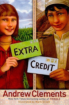 two different images. right image of girl standing in front of field holding green envelope with Extra. right side of boy in log shirt and small hat holding white envelope with Credit. red letters at bottom read Andrew Clements.