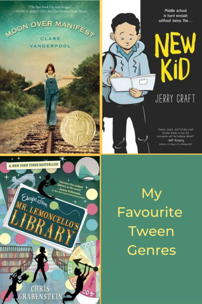 four box grid. top left image of girl in dungarees on rail tracks. white letters Moon Over Manifest above her. top right image of African American boy holding book. black and white background with yellow letters beside him reading New Kid. bottom left image of four kids in silhouette. pink white blue circles around with green-blue box in middle orange letters read Mr Lemoncello's Library. bottom right box green box with yellow letters 'My Favourite Tween Genres.'