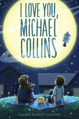 image of two kids sitting on ground with drinks on top of blanket looking up at large moon in dark blue sky. space shuttle in middle of moon. large letters read I love you, Michael Collins across moon. one girl and boy looking up.