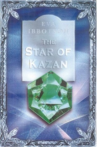 image of large diamond like stone of green colour in middle. blue background with ornate border around. light blue shape above diamond with white letters reads The Star of Kazan,