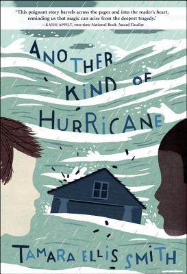 light blue and white streaks of waves across most of cover. image of house in middle and profiles of two boys on either side, one with fair skin and the other dark skin. blue and dark letters along waves above them read Another Kind of Hurricane.