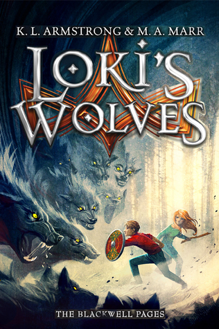 image of huge wolf pack about to attack two young kids holding shield and staff. red star-shape behind. large white letters at top read Loki's Wolves.