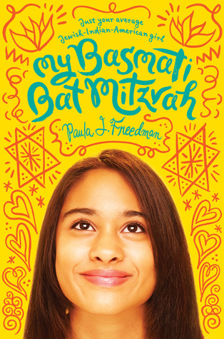 bright yellow background with image of young girl's face with smile. girl has dark long hair. above her in red is doodle images of stars, hearts, flowers and squiggles. blue letters at top in rounded form reads My Basmati Bat Mitzvah.
