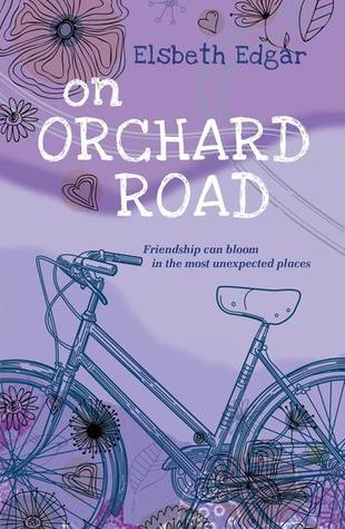 book cover is light purple in colour. hand drawn images of bicycle along bottom. flowers and heart shapes along top and bottom. big white letters in middle read On Orchard Road.