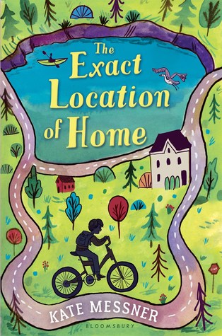 cover image of boy on bicycle riding along light grey road which circles around small house and blue lake towards top of cover. grass and trees surrounding. yellow letters inside lake reads The Exact Location of Home.