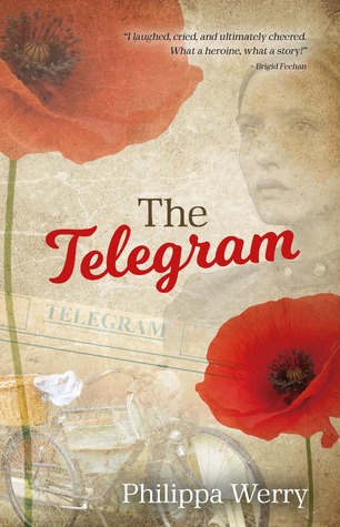 sepia-hued background with two large red poppies on top left and bottom right edges. faded images of young girl, newspaper headlines and bicycle behind. red and black letters in middle read The Telegram.