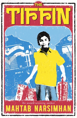 image of young boy holding canisters with bright yellow shirt and blue pants. faded blue shapes behind him look like trains. red background above images with yellow letters at top read The Tiffin.
