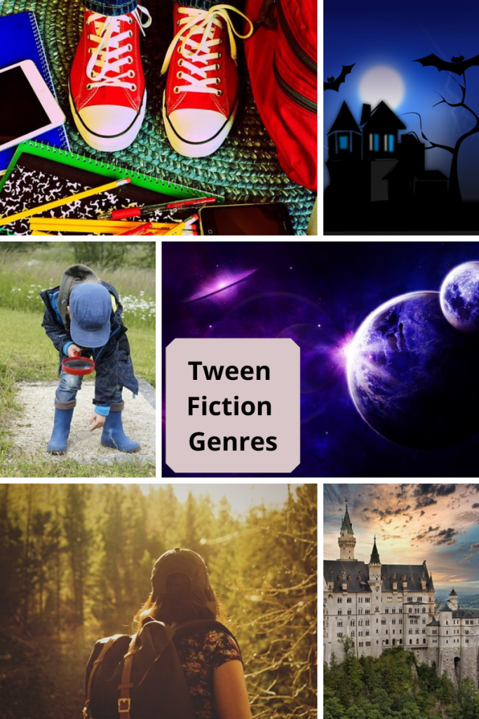 six-grid block. top left image with red shoes and stationery around, smartphone and corner of red bag. top right image of dark spooky house with white moon behind and black bats above. middle left image of small boy holding magnifying glass looking at something on ground with grass behind him. middle right image of two planets in space and spaceship in space. light coloured box with black letters Tween Fiction Genres in middle. bottom left image of girl with backpack looking towards trees. bottom right image of castle on hill with streaky sky with clouds.
