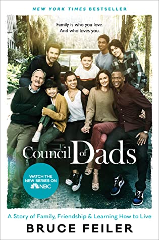 cover image has a large group of men, women and kids posing in front of vehicle. behind group looks like driveway with trees. white letters across bottom half reads 'Council of Dads'.