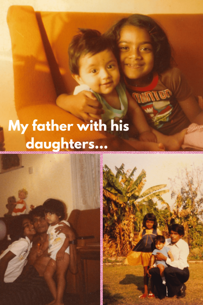 three images in gird. top image of two kids on chair. small baby in blue top with big sister hugging her. white letters under image read My father with his daughters. bottom left image of man holding two children. bottom right of man in garden holding baby on knee while girl in blue yellow dress stands beside him.